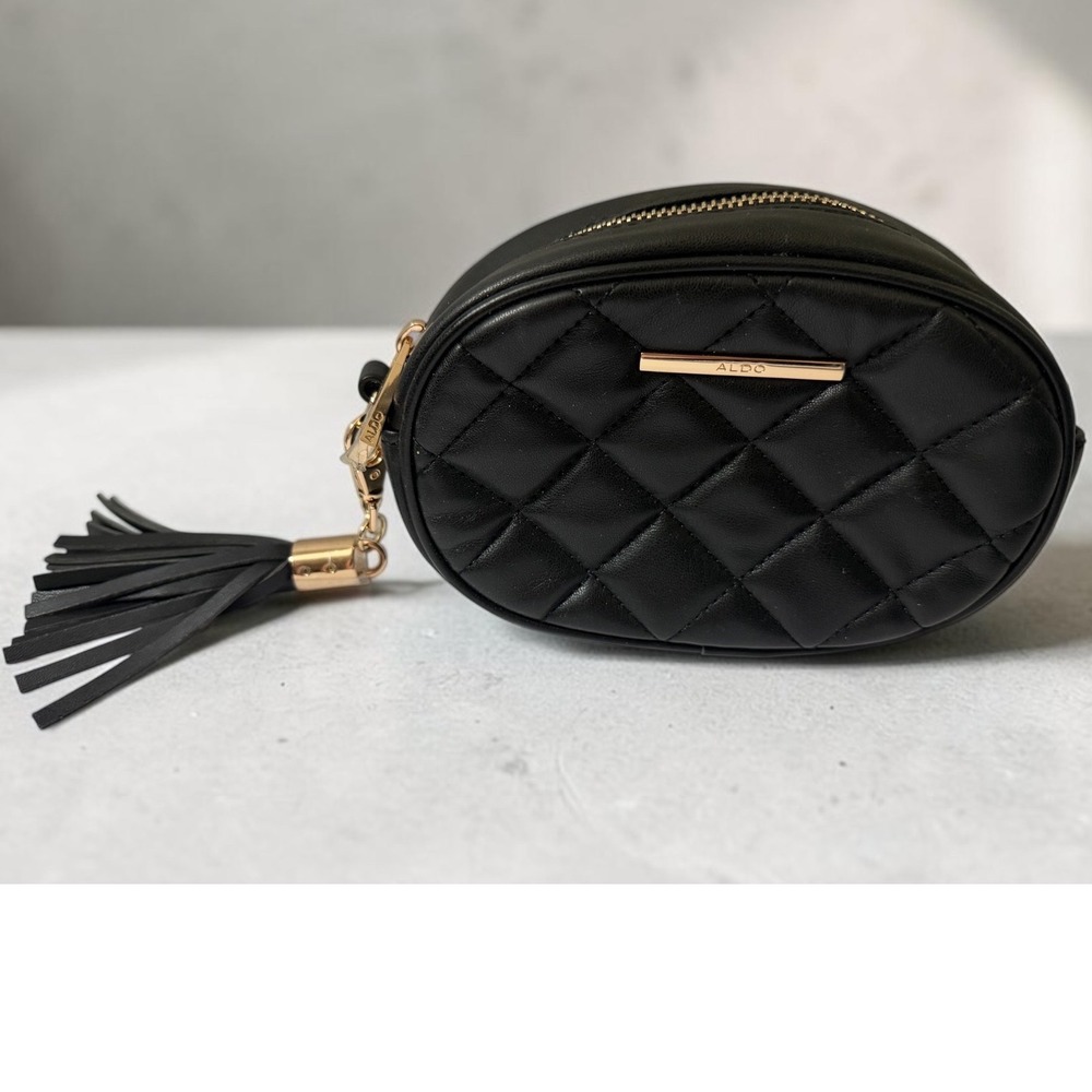 Aldo Black Quilted Faux Leather Belt Bag Waist Pack Gold Tone Tassel Accessory